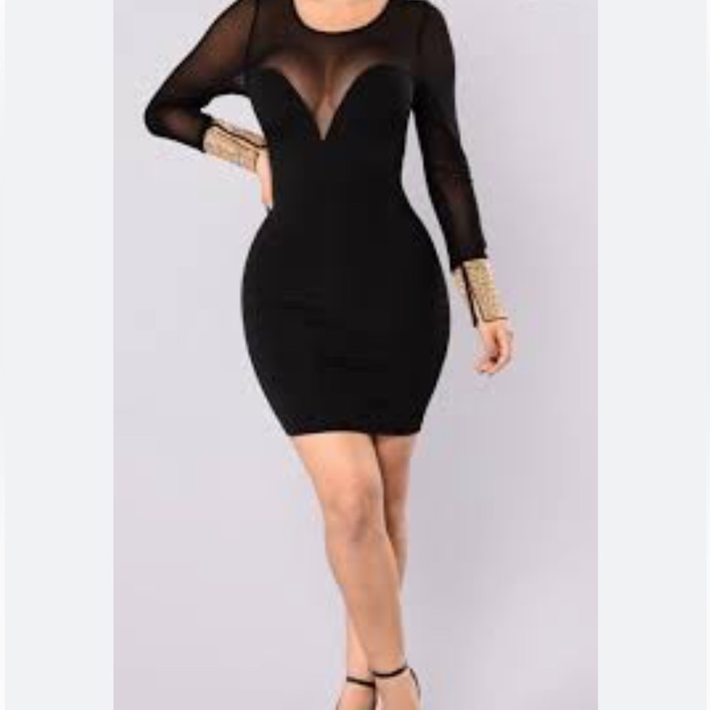 NWOT Fashion Nova Black Mesh Bodycon Dress with Gold Cuffs Size Medium